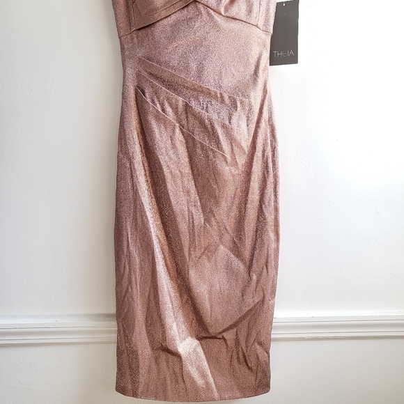 New Theia Cap-Sleeve Stretch Lamé Metallic Dusty Rose Cocktail Midi Dress NWT  2 - Picture 10 of 15
